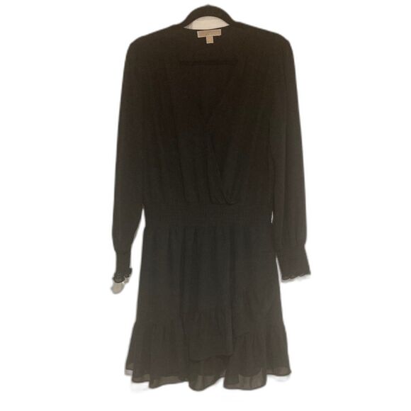 Michael Kors Julia Dress Sz XL Black Smocked Waist V-Neck Tiered Ruffle Mini‎ - Picture 1 of 8